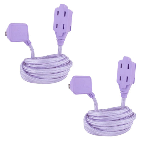 Designer Series Stylish Fabric Extension Cord 9 Feet Long With Right Angle Plug And Three Polarized Outlets 125 Volts Metallic Purple