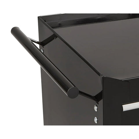Close-up of the handle on a 5 Drawer Rolling Tool Cabinet 17 Inch 75 Pound Capacity Welded Steel Construction With Rust Resistant Powder Coat