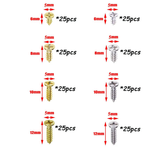 Image displaying 200Pcs Small Flat Head Cross Wood Screws Set Carbon Steel Self Tapping Assortment Kit In Gold And Silver for DIY use.