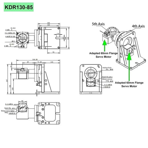 Technical drawing of Battle Ready 4th 5th Axis Motorized Hollow Rotating Platform Indexing Rotary Table KDR130-85 with dimensions.