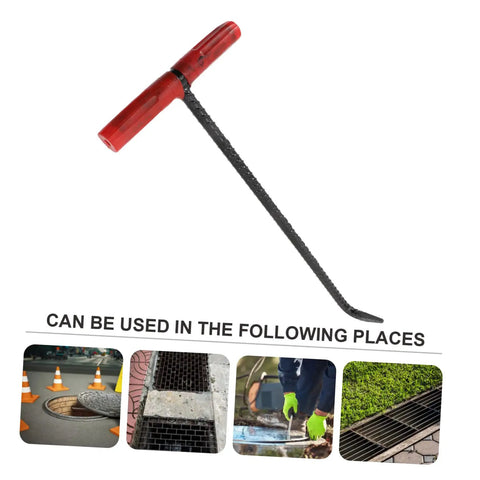Heavy Duty Manhole Cover Lifter Hook Rock Solid Steel Build With Secure Comfort Handle and Slick T Shape Design shown for various uses.