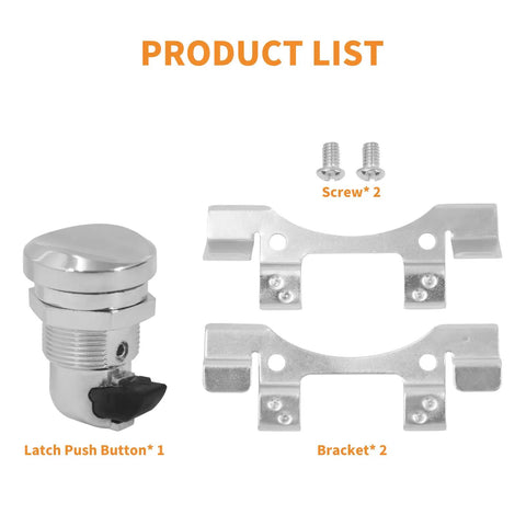 Chrome Push Button Fuel Door Gas Cap Latch Kit For Electra Glide Street Glide Road Glide Tour Glide Tri Glide 1992 To 2025 Fits Center Fill Tanks Easy Install Durable Aluminum Construction with latch, screws, and brackets displayed