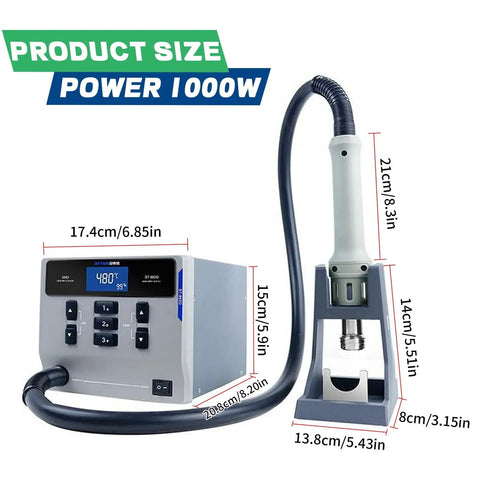 Pro Grade 1000W Hot Air Rework Station With Digital Display, dimensions labeled, shown with connected hose and handpiece.