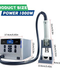 Powerful 1000W Hot Air Rework Station with Digital Display and Nozzle Stand, showing product dimensions in centimeters and inches.
