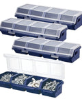 4 Pack Parts Organizer Box With Four Compartments Translucent Lid Secure Lock Heavy Duty PP Plastic Storage Bin For Screws Bolts Nuts Stackable Blue