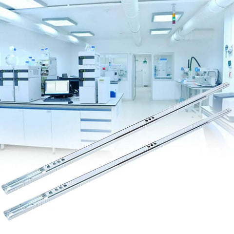 Built Tough Heavy Duty Ball Bearing Drawer Slides Rock Solid Cold Rolled Steel Cabinet Glide Rails Two Piece Kit in lab setting.