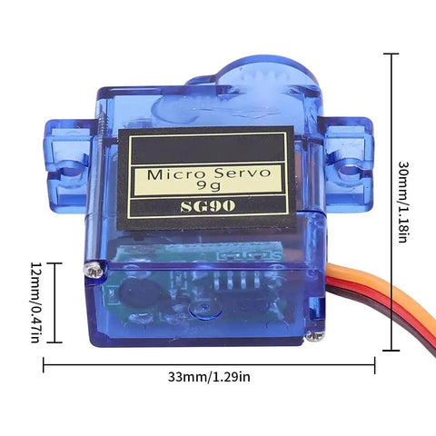 Close-up of Ten Pack 9G Micro Servo Motors Kit For Arduino Projects and SG90 Micro Servos with metal gear upgrade dimensions.