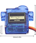 Close-up of Four Pack 9g Micro Servo Motors For Arduino Projects with metal gears and dimensions labeled in millimeters