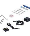 Top Tier Jauarta Mini Electric Soldering Iron Kit With Power Adapter Plus 4 Interchangeable Tips For Welding Work At Any Time Using USB Power Supply In Cool Blue Color accessories including soldering tips, USB cable, and adapter.