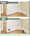 Before and after installation of Beefy Heavy Duty Floor Mounted Door Stop 4 Pack 3.5 Inch Aluminum Commercial Grade Door Stopper.