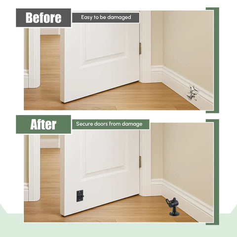 Before and after installation of Beefy Heavy Duty Floor Mounted Door Stop 4 Pack 3.5 Inch Aluminum Commercial Grade Door Stopper.