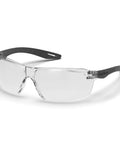 Kickass Rimless Wraparound Safety Glasses With Ultra Light Twenty One Gram Flex Plus Heavy Duty Dust Defense And Never Fog Tech For Top Shelf Eye Armor On Every Work Shift with clear lenses and black arms.