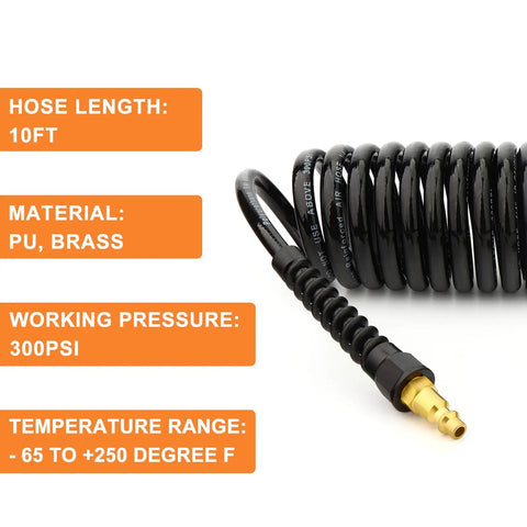 Coiled One Quarter Inch Ten Feet Reinforced Polyurethane Air Hose With Bend Restrictor And 360 Degree Swivel Coupler Pro Grade