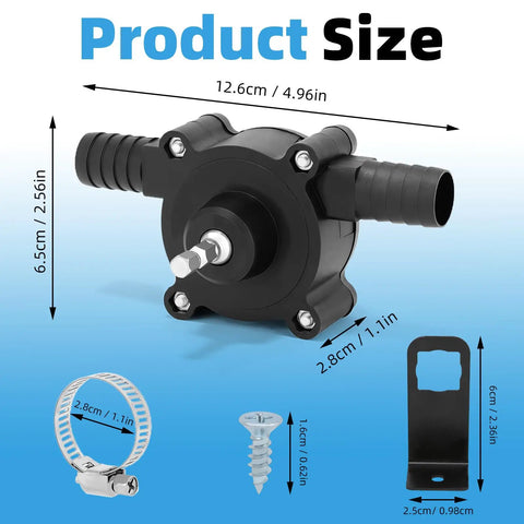 Two Pack Drill Powered Fluid Transfer Pump Handles Gasoline Oil Diesel shown with size details and included mounting parts.