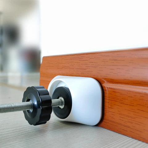Wall Protectors For Baby Gates 4 Pack With Compact Wall Cups mounted on wooden trim, preventing wall dings and scratches.