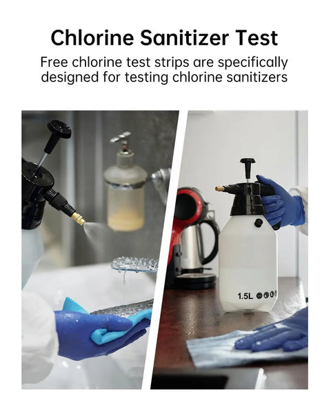 Gloved hand using Chlorine Test Strips 0-500 PPM Pack of 100 for Restaurant Sanitizers and Bleach Disinfectants, Easy Read Kit near spray bottle