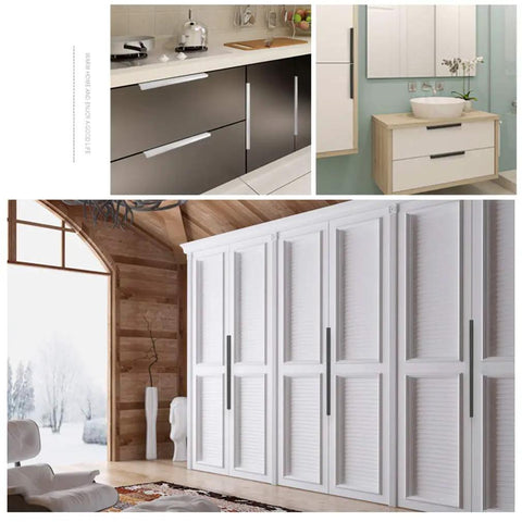 Invisible Aluminum Drawer Handle For Cabinets And Dressers installed in modern kitchen, bathroom, and wardrobe settings.