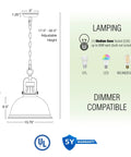 Dimensions diagram of 14 Inch Modern Industrial Pendant Light With Dome Shade In Brushed Nickel Finish, showing adjustable height and bulb options