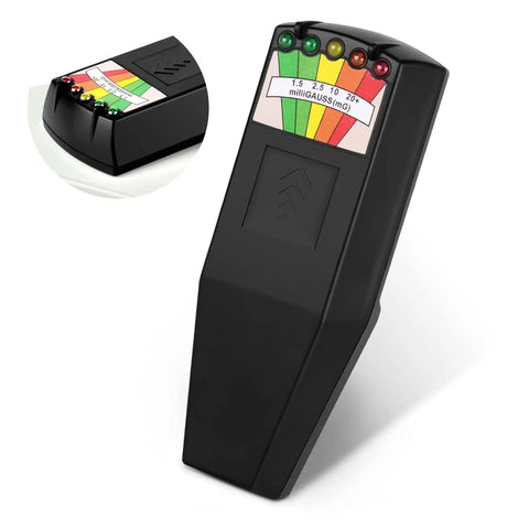 EMF Meter For Ghost Hunting Handheld Radiation Detector for EF RF MF readings, compact black detector close-up with indicator lights.