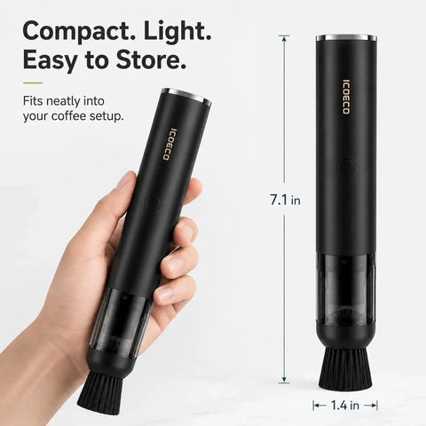 Person holding Rechargeable Mini Coffee Grinder Vacuum Cleaner With 4 Attachments, shown with size dimensions.