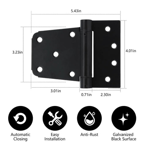 Dimensions and features of Self Closing Spring Gate Hinge Three And One Half Inch Heavy Duty Automatic T Hinge Steel Black Finish
