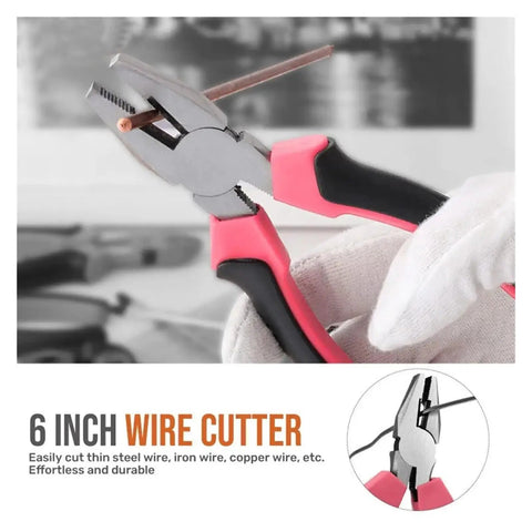 6 inch wire cutter from Grab And Go All In One Home DIY Tool Kit With Pink Storage Case For Household Office And Garage 24 Piece Hand Tool Set Ready To Use Right Out Of The Box For Quick Repairs Everyday Fixes.