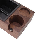 Premium Walnut Coffee Tamping Station With Adjustable Height Base And Stainless Steel Knock Box showing compartments for grounds preparation.