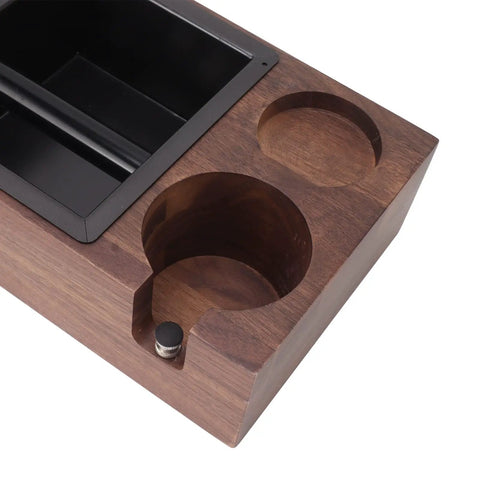 Premium Walnut Coffee Tamping Station With Adjustable Height Base And Stainless Steel Knock Box showing compartments for grounds preparation.