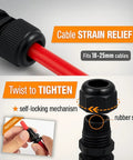 One Inch NPT Strain Relief Cable Glands Nylon Cord Grip Grommets Black Plastic 20 Pack For Wires Through Panels And Electrical Equipment Easy Install And Strong Protection showing installation guide and features