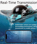 Waterproof Camera RC Boat With App Control For Adults, showing underwater with real-time video on smartphone screen.