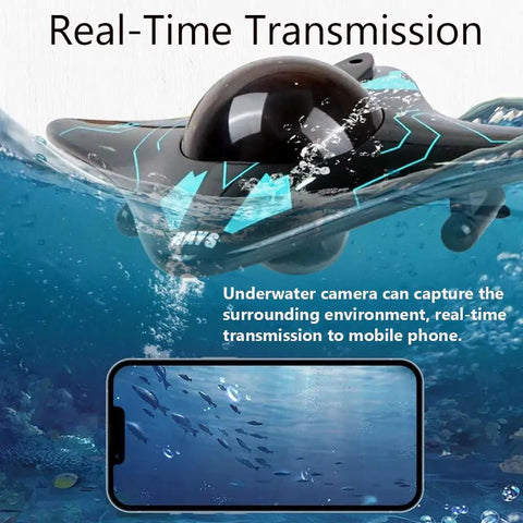 Waterproof Camera RC Boat With App Control For Adults, showing underwater with real-time video on smartphone screen.