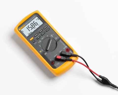 Beefed Up Pro Grade Industrial Digital Multimeter For Troubleshooting With 1000 Volt AC DC Range, connected leads, display 15.96
