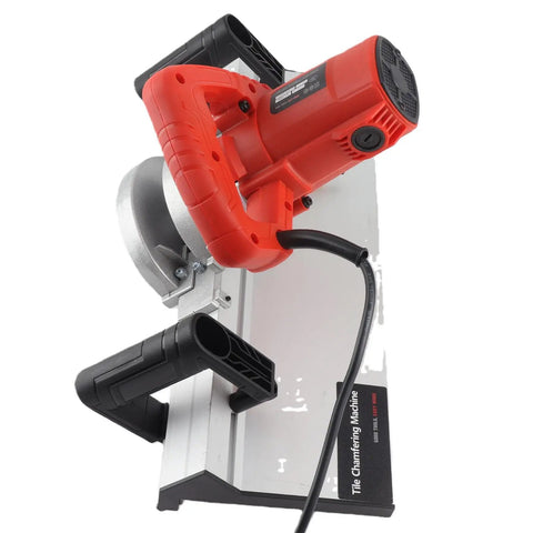 Heavy Duty Electric Tile Bevel Cutter For Snappy 45 Degree Chamfering With A Bombproof 1200 Watt Motor Cranking 13000 RPM to Slice ceramic, showing red grip.