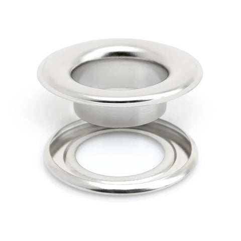 Close-up of a silver metal grommet from the 3/4 Inch Grommet Tool Kit With Eyelet Setter And Hole Punch Cutter Includes 10 Durable Grommets For Fabric