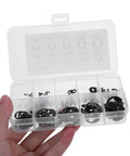 Hand holding 120 Piece Black E Clip Assortment Kit With Beryllium Bronze External Retaining Rings Open Design in transparent box