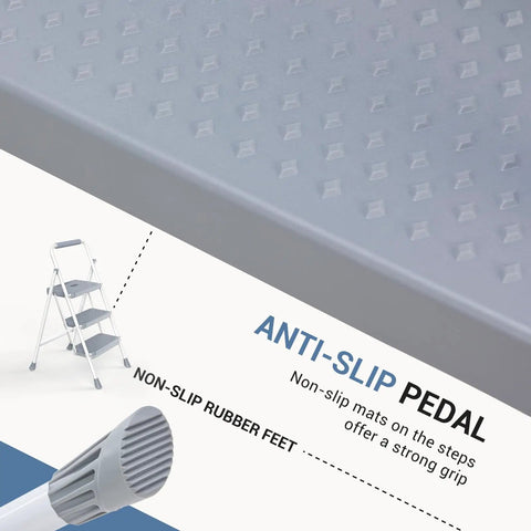 Close-up of gray anti-slip pedal and rubber feet of Three Step Ladder With Anti Slip Pedals And Comfortable Handrail Portable Heavy Duty Step