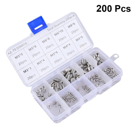 Heavy Duty Stainless Steel Set Screws Pack Pro Grade M8 Hex Socket Cup Point Headless Grub Screws For Locating Gears Pulleys On Shafts Fatigue Resistant Metric Threaded Fasteners Kit Good Enough To Hold Up Under Pressure Like A Boss. 200-piece M3-M8 assort