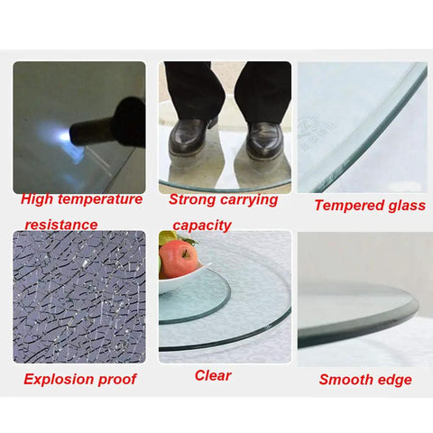 Features of Tempered Glass Lazy Susan Turntable Rotating Tray for Dining Tables, highlighting durability and smooth 360-degree spin.