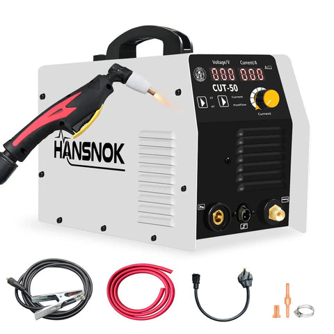 Beast Plasma Cutter 50 Amp Dual Voltage 110/220V IGBT Inverter With Large Digital Display And Air Sensor accessories visible
