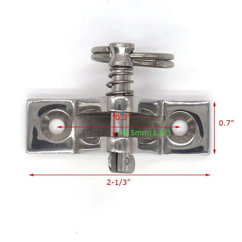 4 Pack Bimini Top Deck Hinge With Pin And Ring 316 Stainless Steel Free Installation Screws Included Corrosion Resistant Polished Finish Fits 1/4 Inch Removable Pin Thorn Pin And Drop Cam 2 1/3 Inch Long 90 Degree Deck Hinge shown with measurements and polished finish.