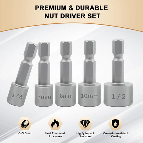 Pro Grade 10 Piece Nut Driver Set For Impact Drill With Metric And SAE Nut Driver Bits, ridge design, Cr-V steel, heat treated