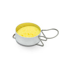Metal egg cooking ring with handle on white background.