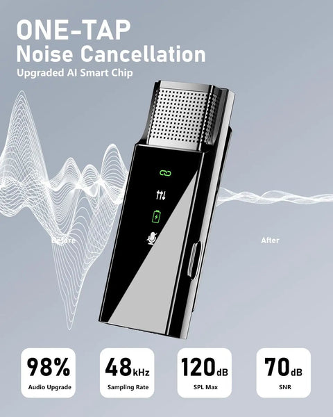 Wireless Pro Lavalier Microphone System For iPhone Android PC And Laptop with noise cancellation and audio specs.