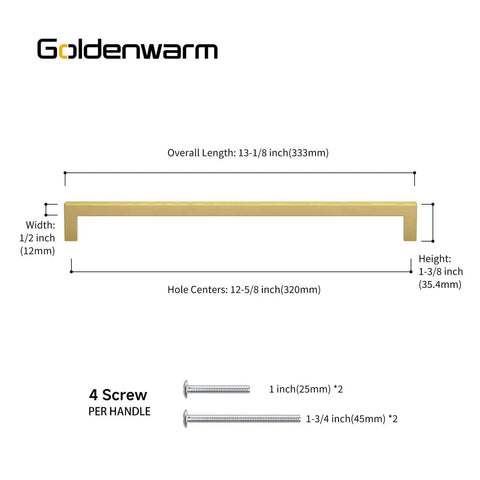Diagram of 5 Pack Brushed Brass Cabinet Pulls Gold Finish Square Bar Handles For Kitchen And Bathroom Cabinet Hardware With 12 And A Half Inch Hole Centers And Screws Included