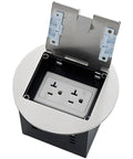 Top Shelf 20 Amp Recessed Floor Outlet With Beefy Stainless Steel Splash Proof Cover And Six Hole Hidden Electrical Box opened view