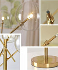 Modern Gold Table Lamp With 3 Light Glass Globe Bulbs, Antique Brass Finish, detailed view of mid century bubble shade