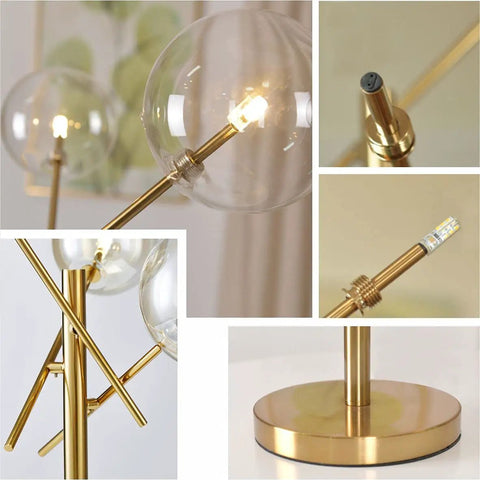 Modern Gold Table Lamp With 3 Light Glass Globe Bulbs, Antique Brass Finish, detailed view of mid century bubble shade
