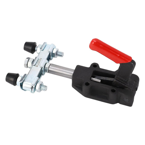 Double Headed Heavy Duty Toggle Clamp For Woodworking Jigs And Fixtures Pull Push Clamp For Pocket Hole Jigs Welding CNC Projects With Red Plastic Covered Handles For DIYers In The Shop Blue Zinc Plated Carbon Steel