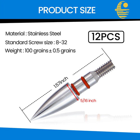 Close-up of 12 Pack Archery Field Points With Screw In Inserts For Recurve And Compound Bow showing dimensions and weight.