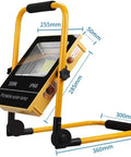 Badass Portable Solar Led Flood Light With Rechargeable Battery And Ip65 Waterproof Build offers a clear view of dimensions labeled on a yellow flood lamp.